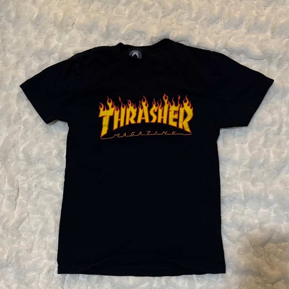 Thrasher Black Tee with Flame Logo